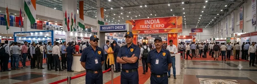 Event security guards managing entry checkpoint at a venue in India