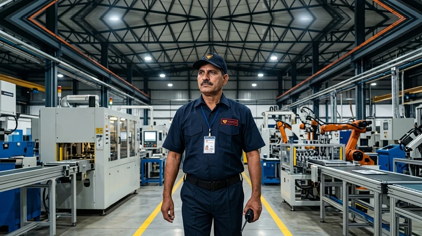 Industrial security guard checking material movement at a factory site
