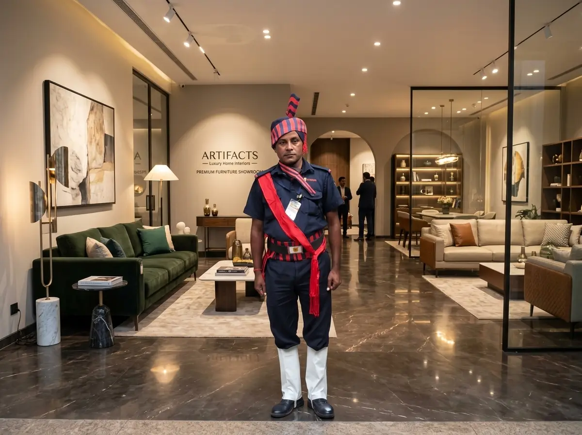 Retail security guard on duty at a showroom entrance